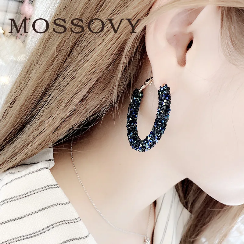 Mossovy синие круглые серьги гвоздики для женщин большие блестящие стразы модное