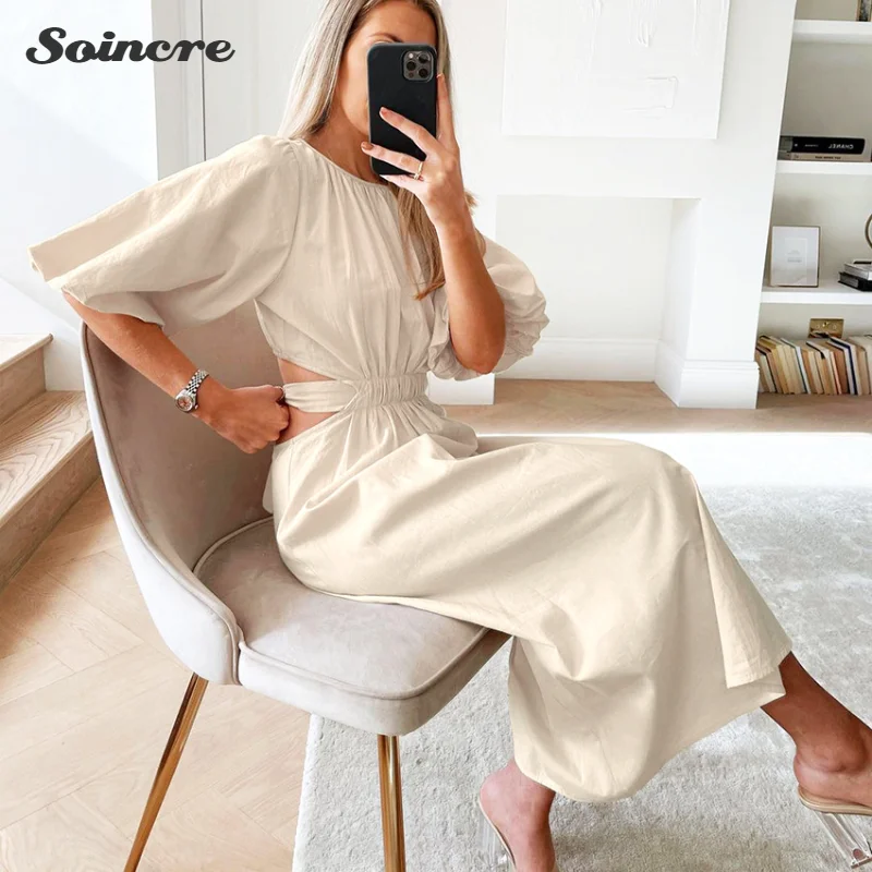 

Casual Dresses Women 2021 Summer Fashion Waist Hollow Lace Up Short Puff Sleeve Round Neck Pleated Long Dress Vintage Elegant