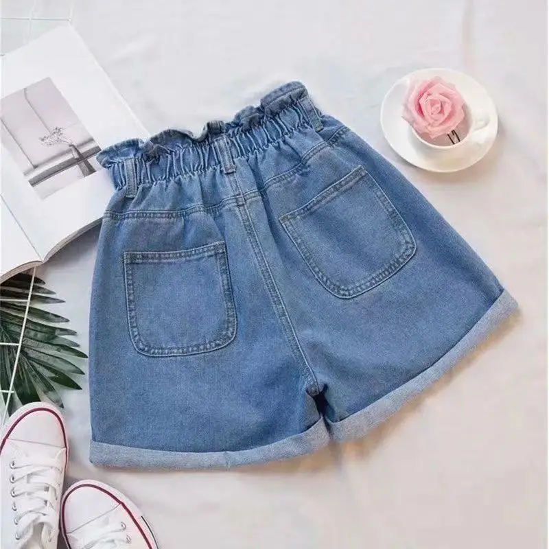 

Women's Ruffle Denim Shorts Summer Elastic High Waist Pocket Loose Casual All-match Wide-leg Flanging Korean Fashion Jeans Short