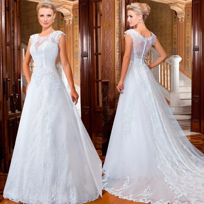 

Vestido de noiva 2016 A-Line Sexy Lace Wedding Dress Detachable Tail vestido de casamento Romantic robe de mariage 2015 Dresses