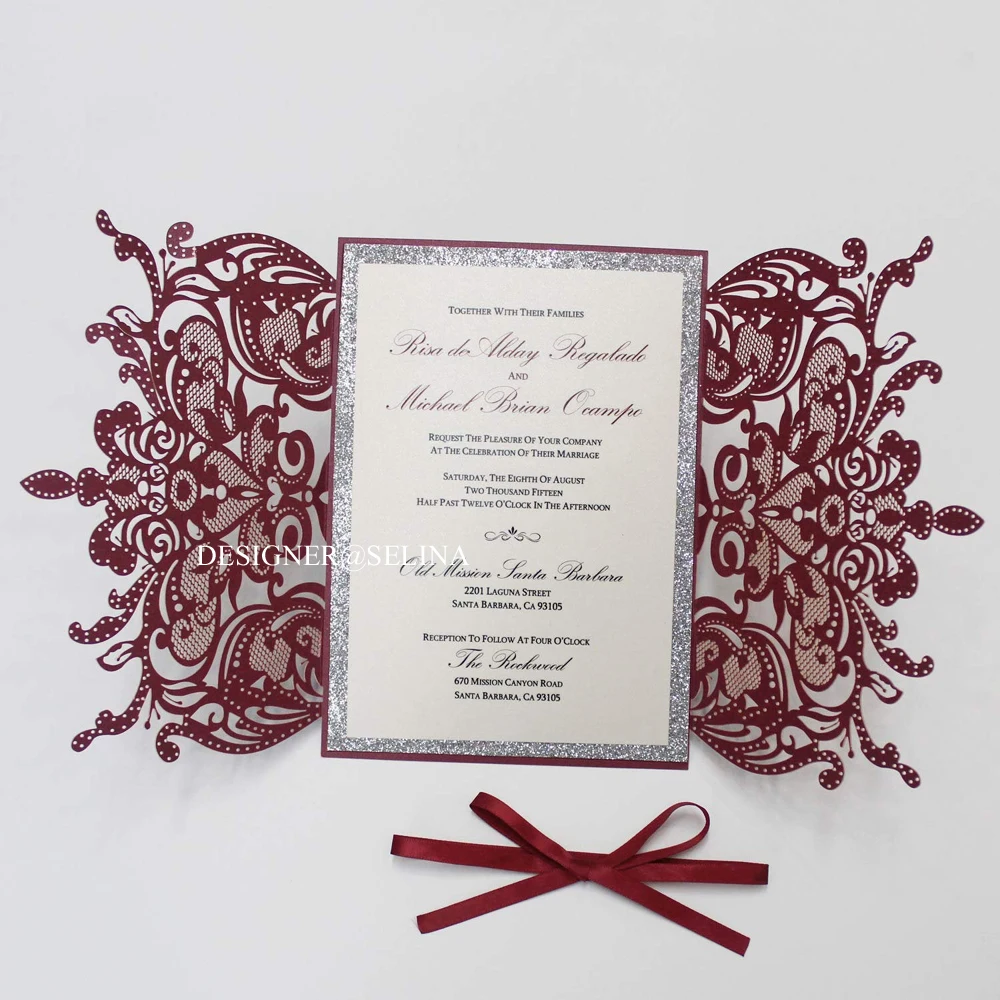 Burgundy Wedding Invitations with Ribbon 20+Color Customized Laser Cut Cards for Birthday Engagement Graduation 50pc | Дом и сад