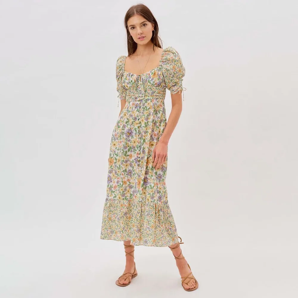 

2021 Autumn New Femme Sexy Split Midi Dress Single Breasted Printed Dresses Button Down Floral Boho Draped Sweet Vestidos