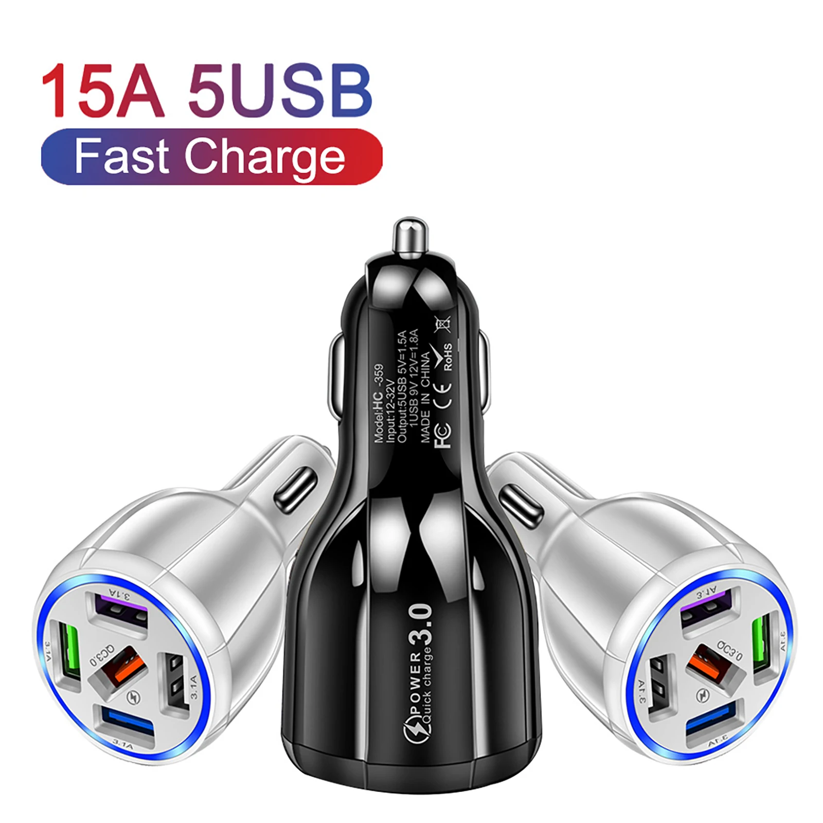 

Автомобильное зарядное устройство с 5USB-портами, 15 Вт
