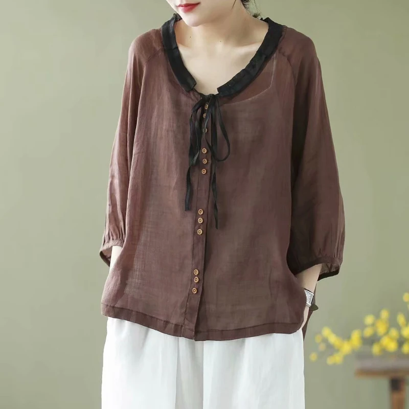 

SOUL OF TIGER Japan Fashion Summer 2021 Ladies Cotton Linen Green Blouses Women Vintage Elegant Shirts Girl Casual Tops Big Size