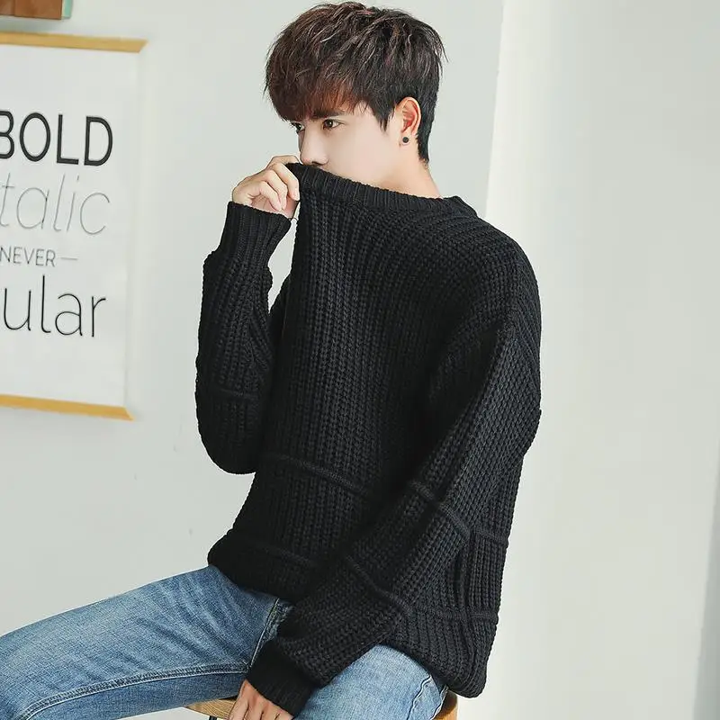 

New sweater men's Korean fashion solid color loose Crew Neck Sweater men's spring and autumn Pullover thick line