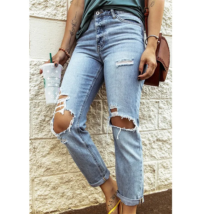 

ZQLZ High Waist Knee Hole Straight Jeans For Women Fashion Streetwear Ripped Mom Trousers Casual Stretch Skinny Blue Denim Pants