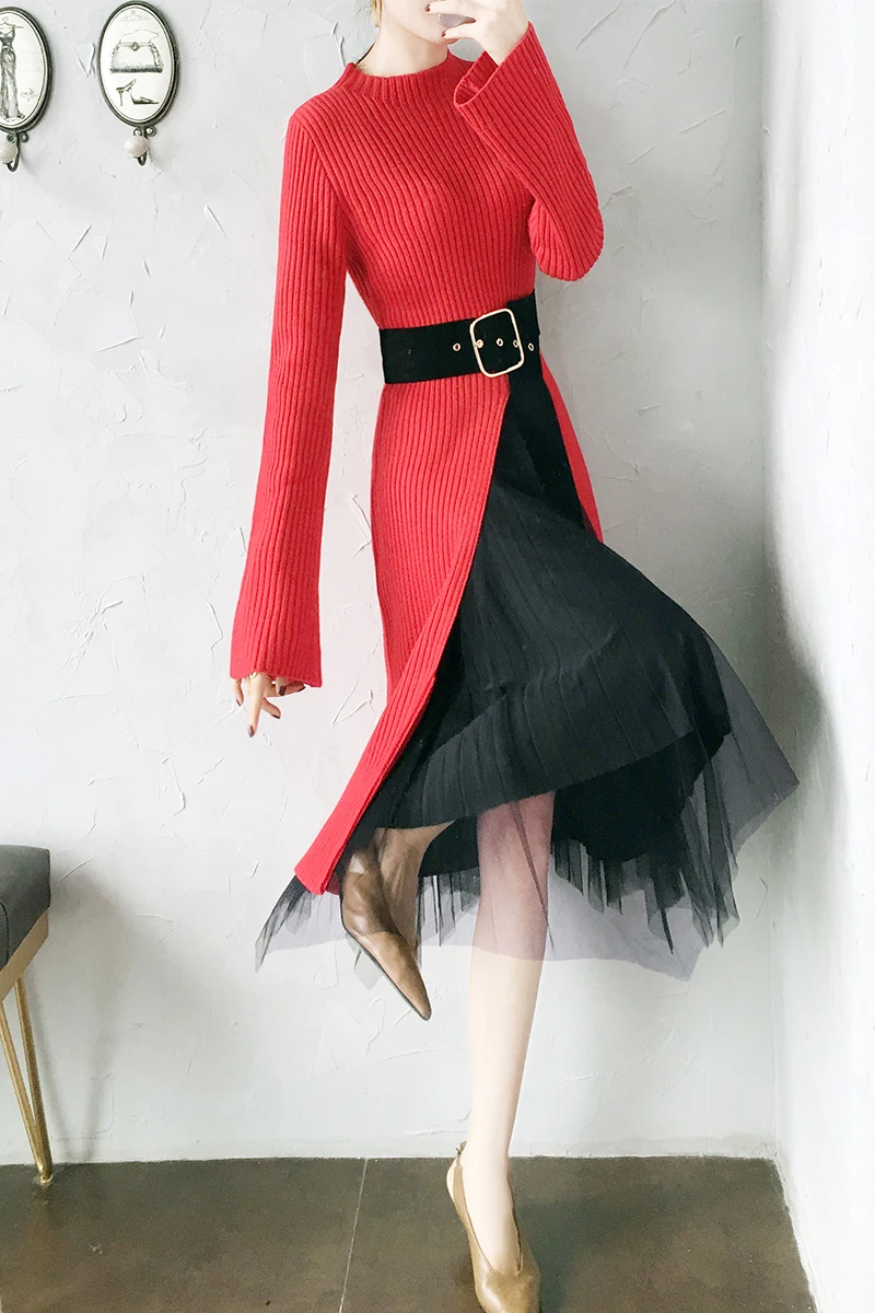 Модное женское трикотажное платье новинка женский красный свитер и сетчатая