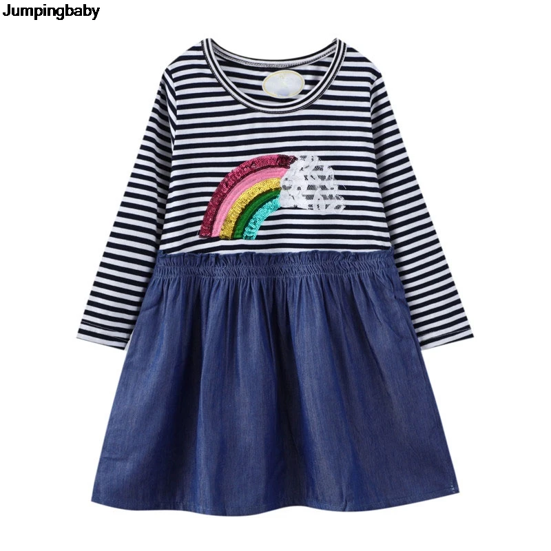 

2021 Vestidos Rainbow Girls Dress Sequined Toddle Girl Costume Stripped Children Dresses Long Sleeve Ropa Roupa Infantil Menina