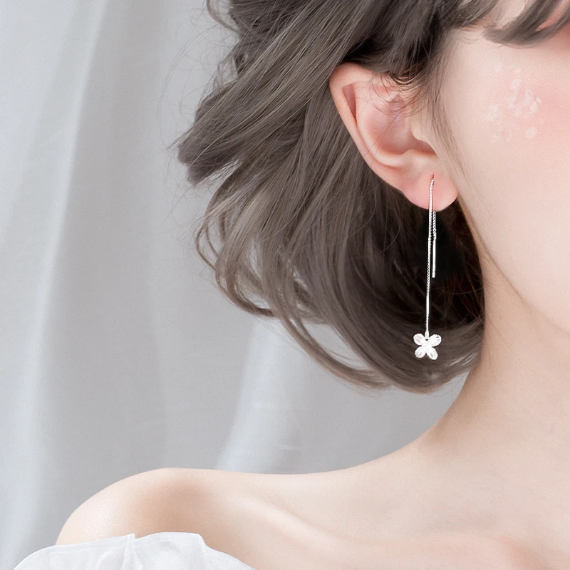 Женские серьги подвески с длинными кисточками серебряного цвета S925 в