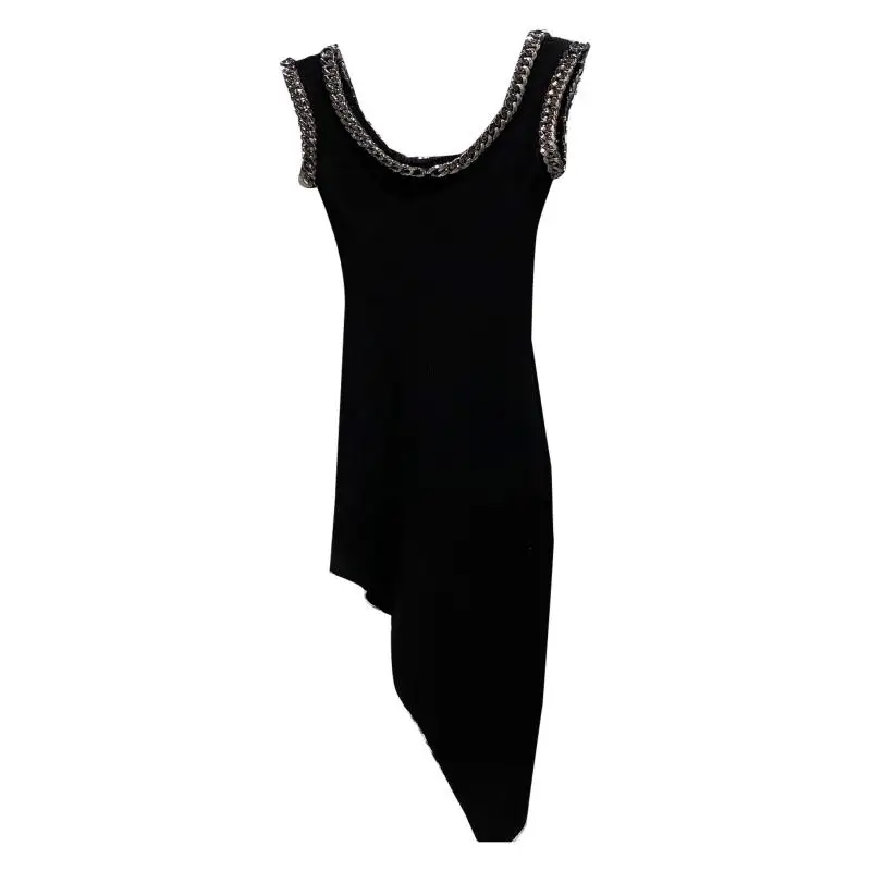 

2021 Summer Elegant Metal Chain Collar Knitted Dress for Women Slimming Sleveless Sheath Dress Female Black Long Dress