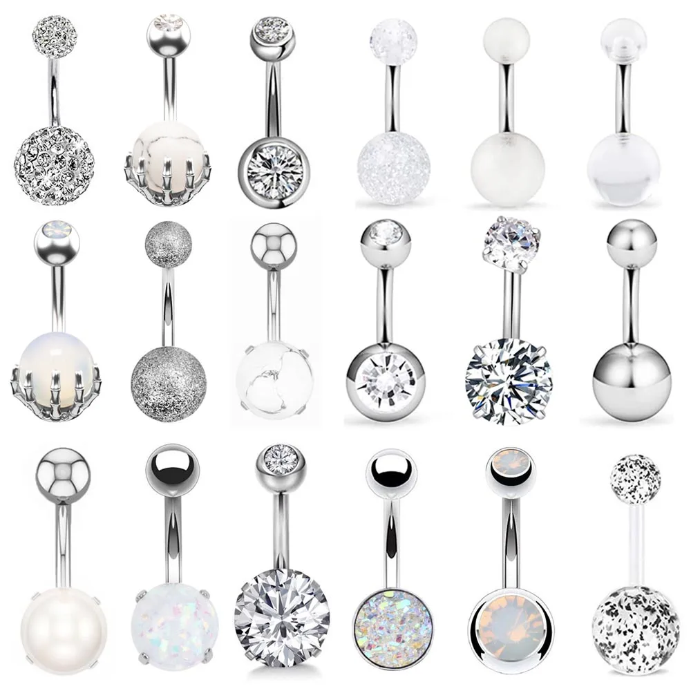 1pc 14G Belly Button Ring Navel Nombril Piercing Surgical Steel Ear Rings CZ Body Piercing Jewelry 10 mm Bar For Women Piercing