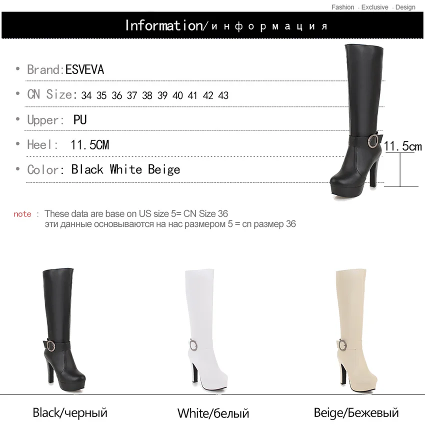 

ESVEVA 2020 PU Leather Platform Autumn Winter Women Shoes Round Toe Square High Heel Buckle Zipper Knee High Boots Size 34-43