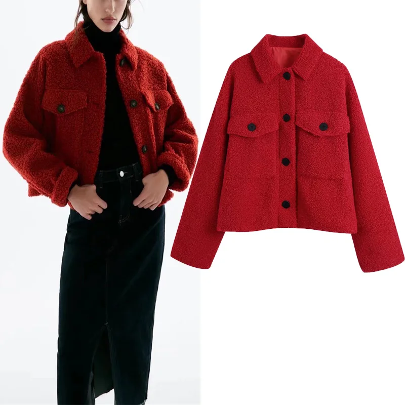 

Za Winter Lamb Wool Red Jacket Coat Fashion Lapel Long Sleeve Jacket Tops Chic Buttons Pocket Jacket Casual Warm Thicken Jacket