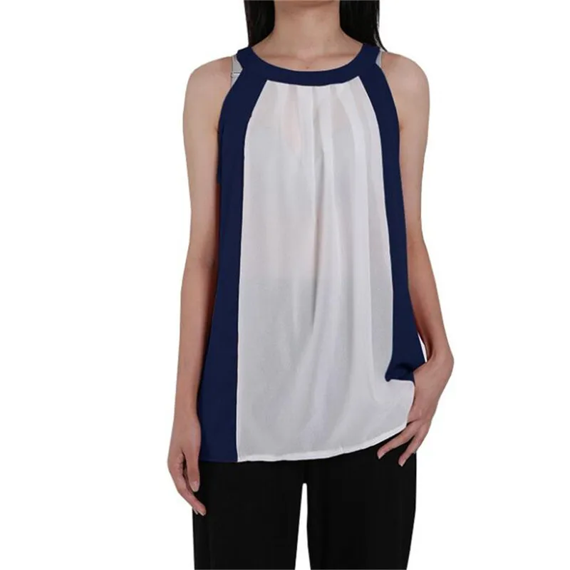 

High Quality Fashion Womens Color Block Summer Chiffon Elegant Vest Shirt Blouse Ladies Sleeveless Tops