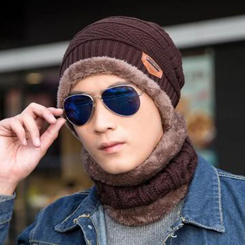 

Autumn/Winter Men's Knitted Knitted Hat Fleece And Thick Pullover [Hat Scarf] Two-Piece Set