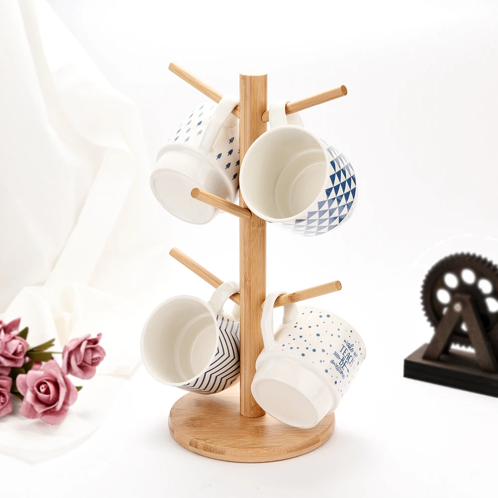 

Natural Wooden Mug Tree Cup Drainer 6-Hook Cups Rack Home Organizer Storage Rack