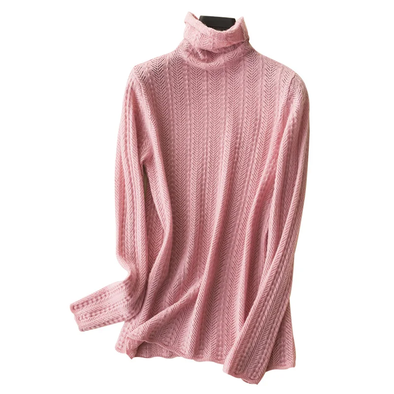 

Hollow out knitted cashmere sweater Women winter lady sweater Long sleeve Solid pullover female Turtleneck jumper 2019