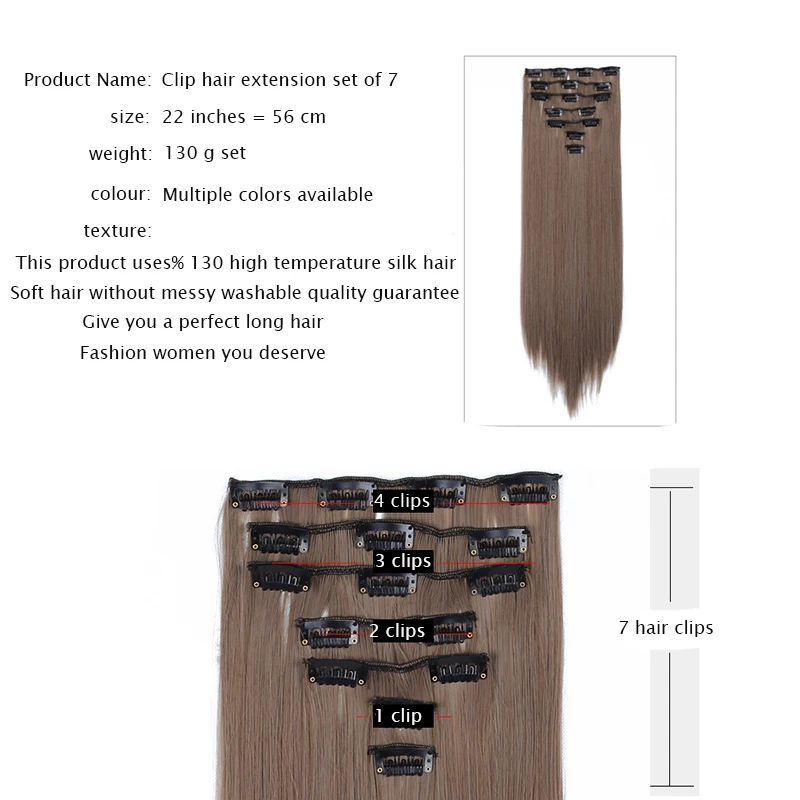 Мисс Королева 7 шт./компл. 22 " парик заколки для волос трессы 140G Прямые 16 клипов в