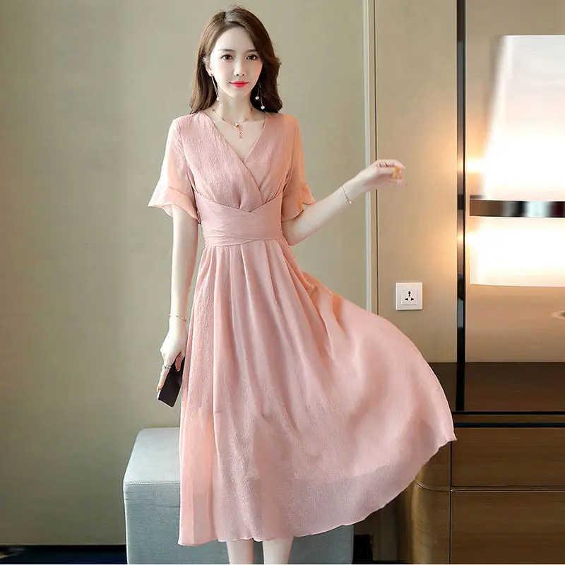 

Женское шифоновое платье с v-образным вырезом, весна-лето 2020, Стройное платье с высокой талией и коротким рукавом размера плюс 4xl, S242