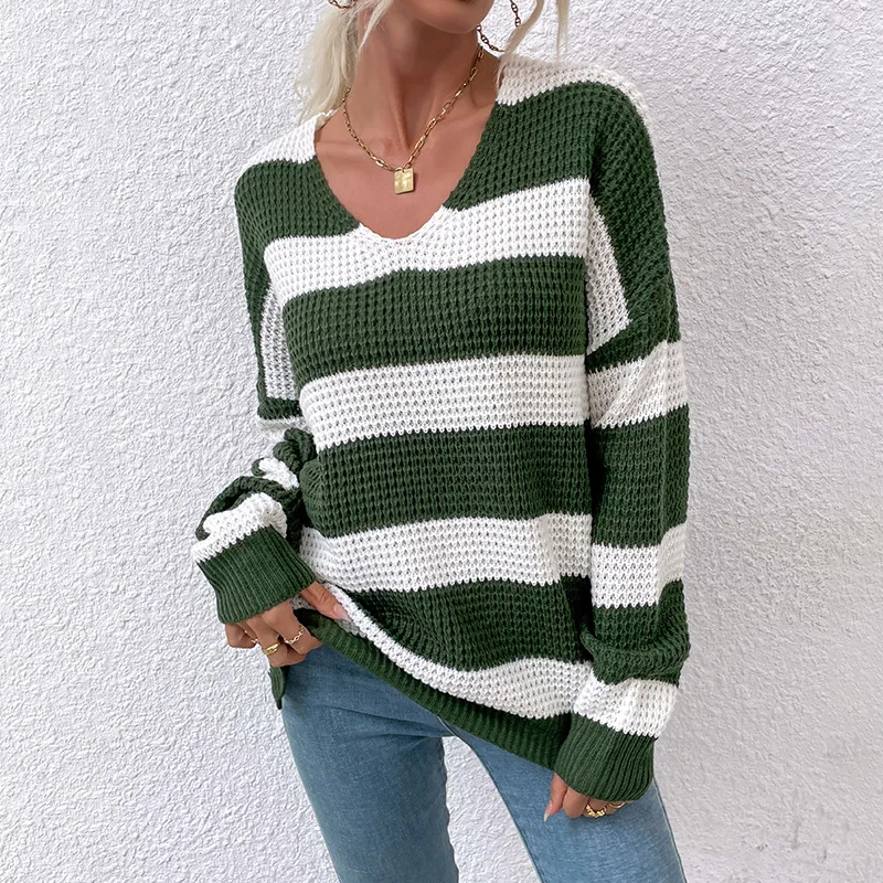 

Fashion Women Sweater Autumn Casual Hot Sale V-neck Pullover Stripe Stitching Loose Knit Waffle Long-sleeved Sweater