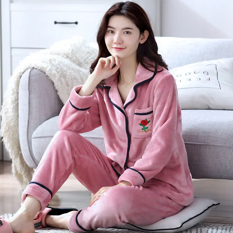

New 2020 Autumn Winter Pajamas Set Women Sleepwear Warm Soft Flannel Long Sleeve Pyjama Femme Pink Cute Homewear Thick Home Suit