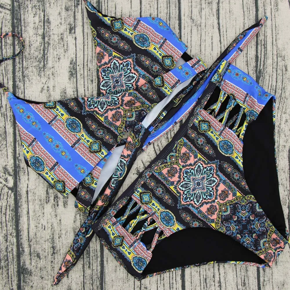 

South Africa Sexy Women Bikini Set Swimwear New Bandage Hollow Out Printed Padded Bra Swimsuit Beachwear Bathing C0297