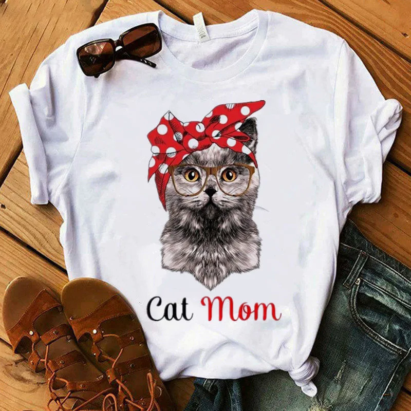 

2021 New Style Summer Fashion Mama Fashion Cat Mother Turban Kawaii Casual Short-Sleeved T-shirt Top Clothing