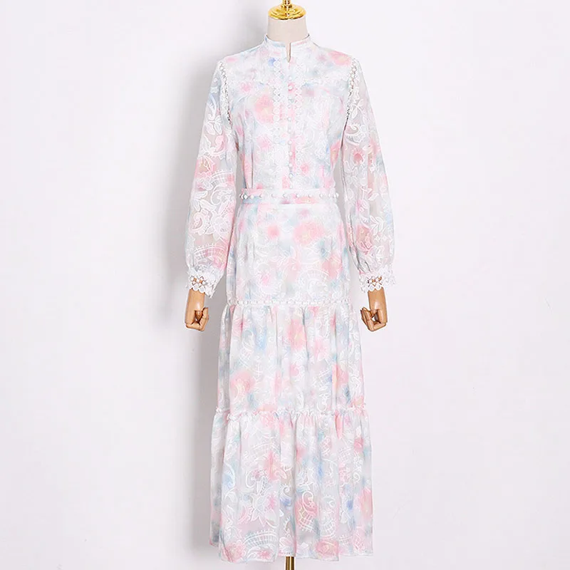 

SeeBeautiful Two Pieces Lace Stitching Stand Long Sleeve Button Shirt Half-body Skirt Set New Fashion 2021 Spring Women M994