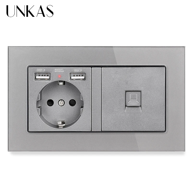 UNKAS Серый роскошный Стекло Панель настенная розетка стандарта ЕС 2 USB зарядка
