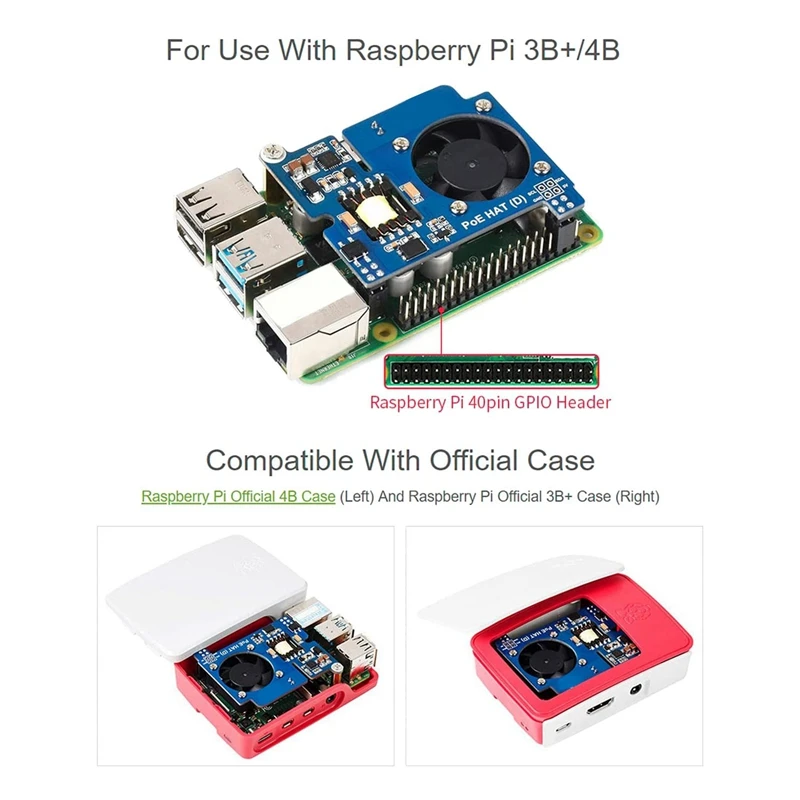 

Power Over Ethernet HAT (D) for Raspberry Pi 4B/3B+, PoE HAT with Cooling Fan,Compatible with for Raspberry Pi 4B/3B+