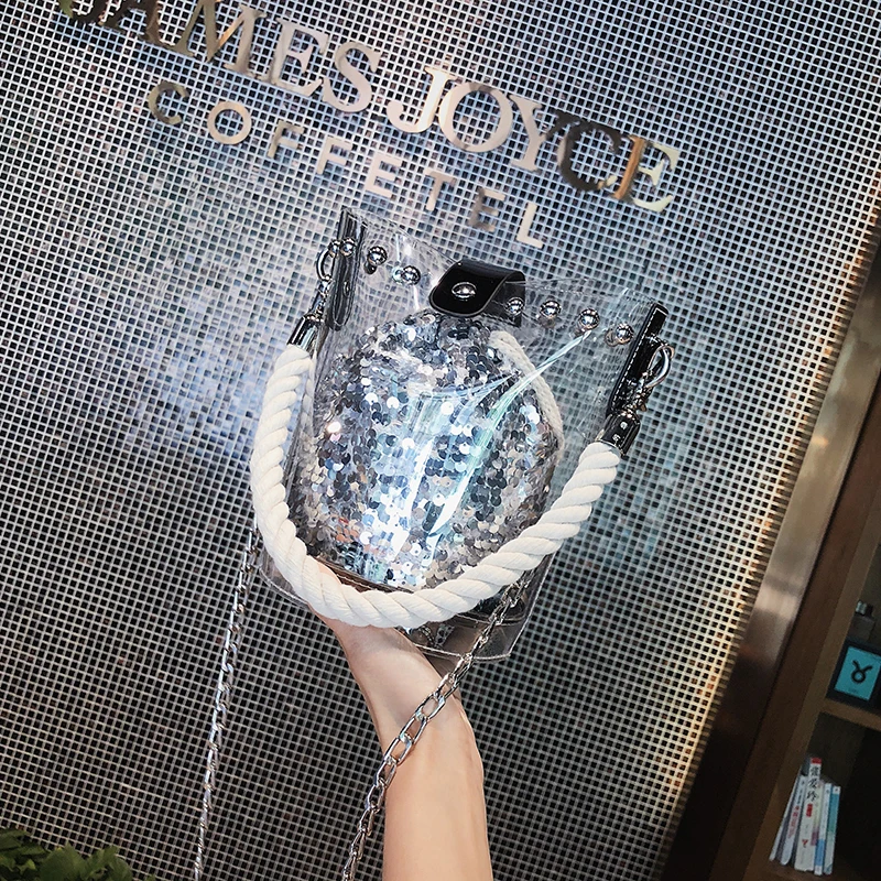 Новинка 2021 модная Прозрачная женская сумочка с блестками и заклепками сумка на