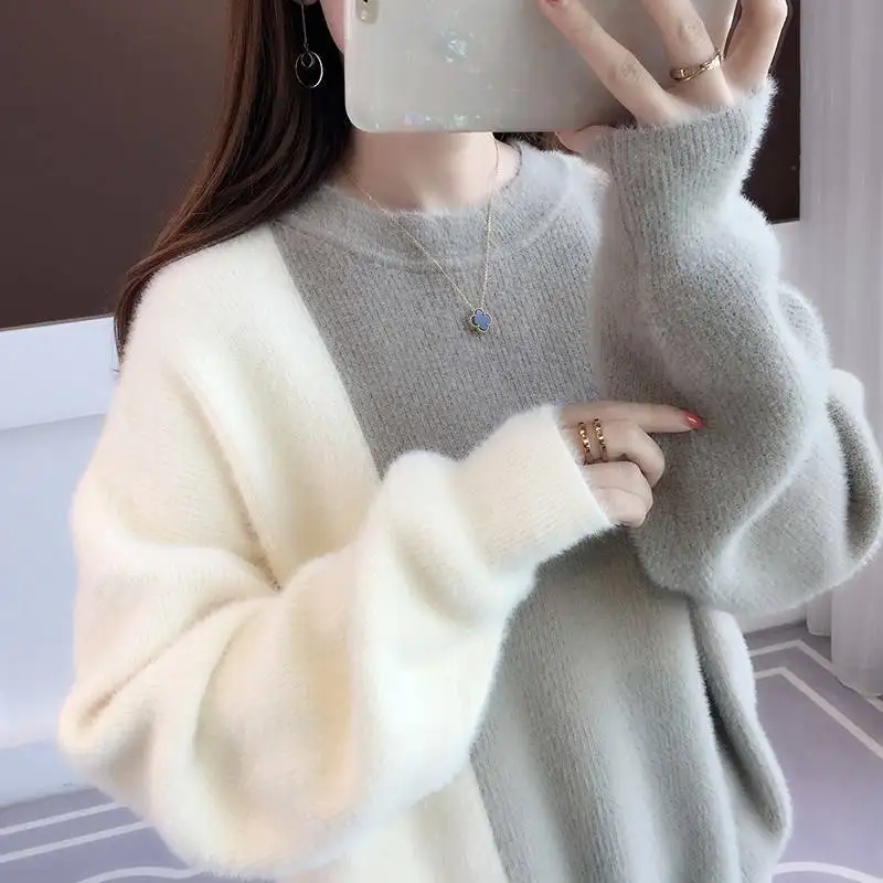 

new simple autumn winter casual knitted women splicing o-neck long sleeve loose female knitwear thicken 2020 sweaters