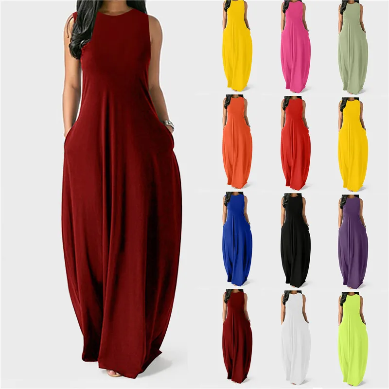 

Summer Sleeveless Solid Color Beach Maxi Long Dress S-5XL Oversized Women Slim Tank Dress Casual Pockets Robe 2021 New Vestidos