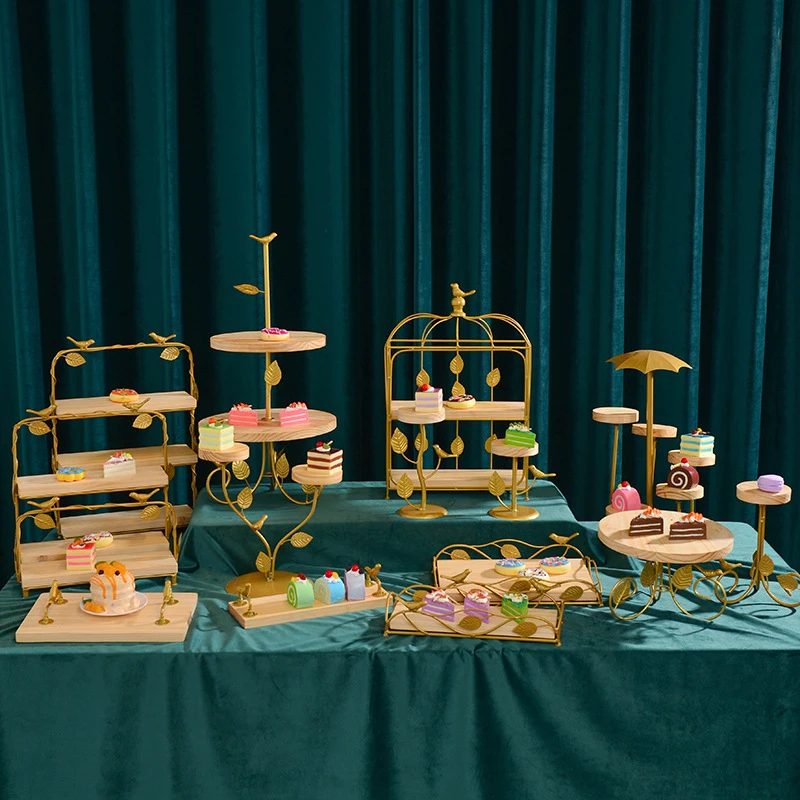 

Wedding Birthday Party Luxury Cake Rack Desserts Display Stand Afternoon Tea Metal Wooden Tray Decoration Props Buffet Table