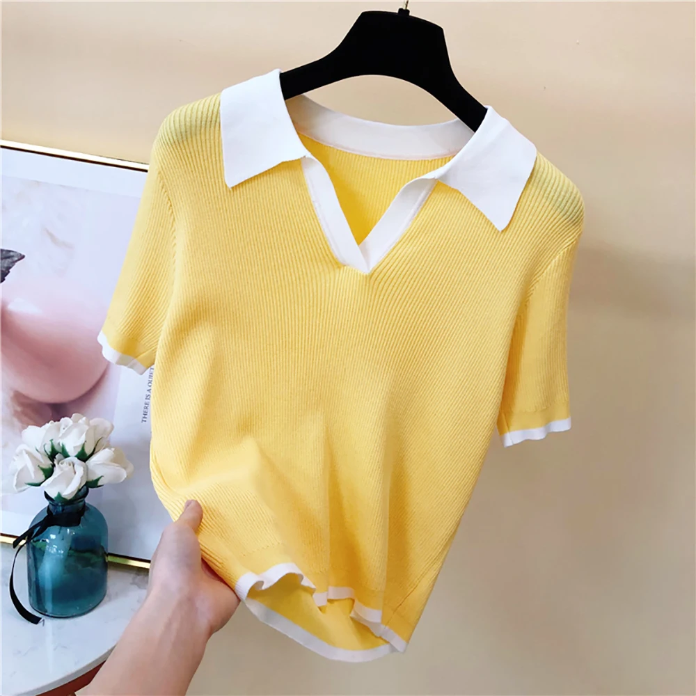 

Fashion Sexy Slim Skinny Thin Knitted Short T Shirt Woman Short Sleeve White Black Crop Tops Cropped Summer Clothes For Women