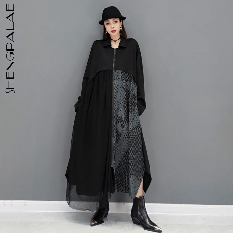 

SHENGPALAE Fashion Printed Spliced Shirt Derss Women's Autumn 2021 New Lapel Loose Zipper Long Sleeve Mid-calf Dresses Female
