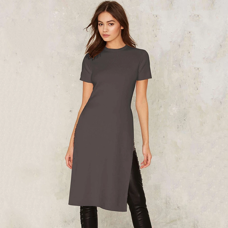 HYH HAOYIHUI Solid 2 цвета Женская одежда с круглым вырезом короткий рукав сбоку