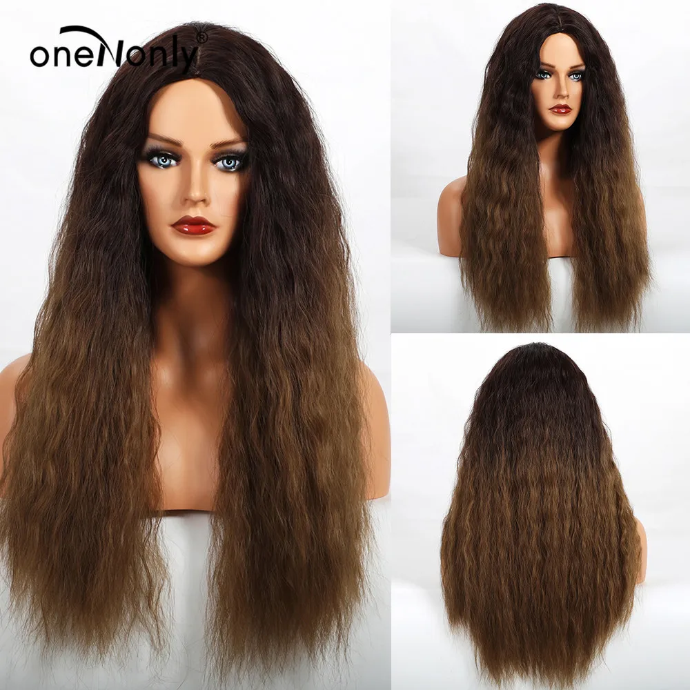 

oneNonly Long Kinky Straight Wig Omber Brown To Light Brown Middle Part Synthetic Wigs for Women Fashionable Hair Heat Resistan