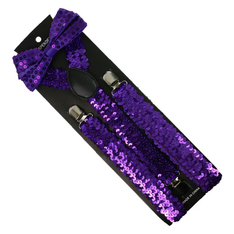 

Unisex Adult Suspender Bow Tie Set Outfits Sequins Solid Adjustable Garter Belt Party Decor Stage Prop