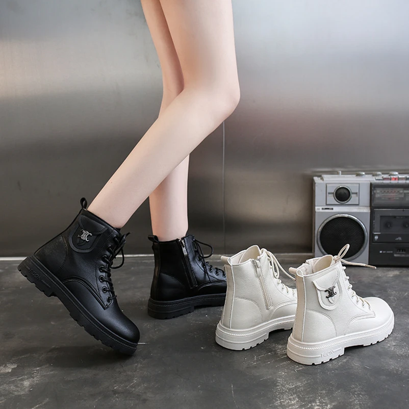 

Модные женские ботинки-мартинсы на платформе и каблуке 4 см, Осенние мотоциклетные ботинки из искусственной кожи на шнуровке, женские ботил...