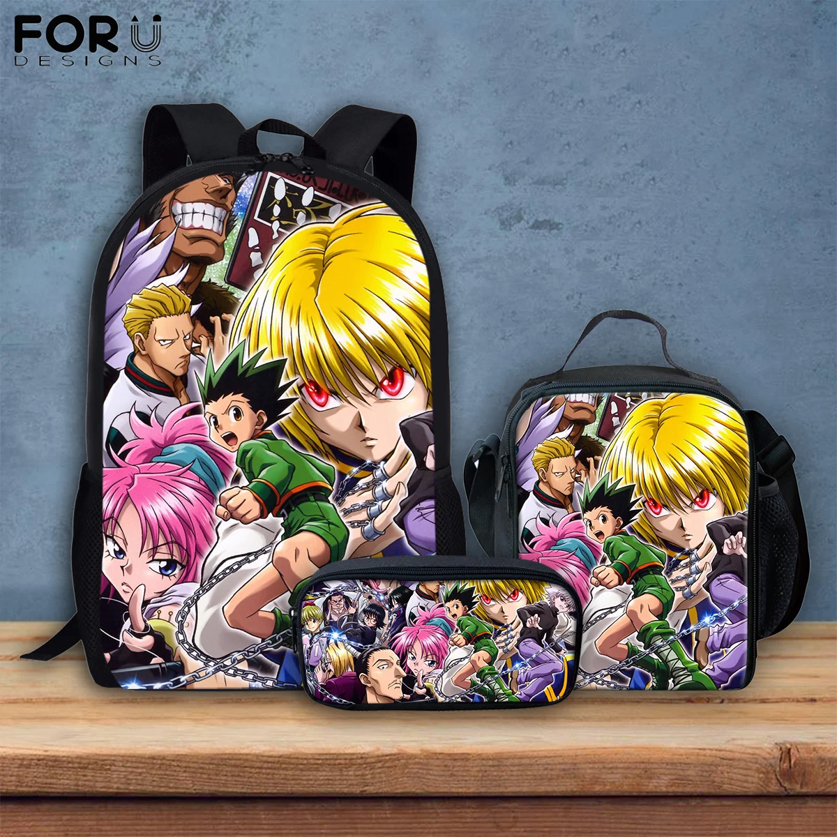 Школьная сумка для мальчиков FORUDESIGNS с героями аниме Hunter X Hunter, 3 шт./компл., мультяшный рюкзак для студентов младшего возраста