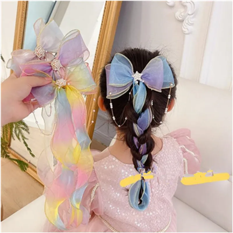 

Kids Girls Ponytail Bow Hair Barrettes Sweet Pearls Hair Ribbons Long Pearls Chains Pendants Hair Clips Party Headdress Hair Bow