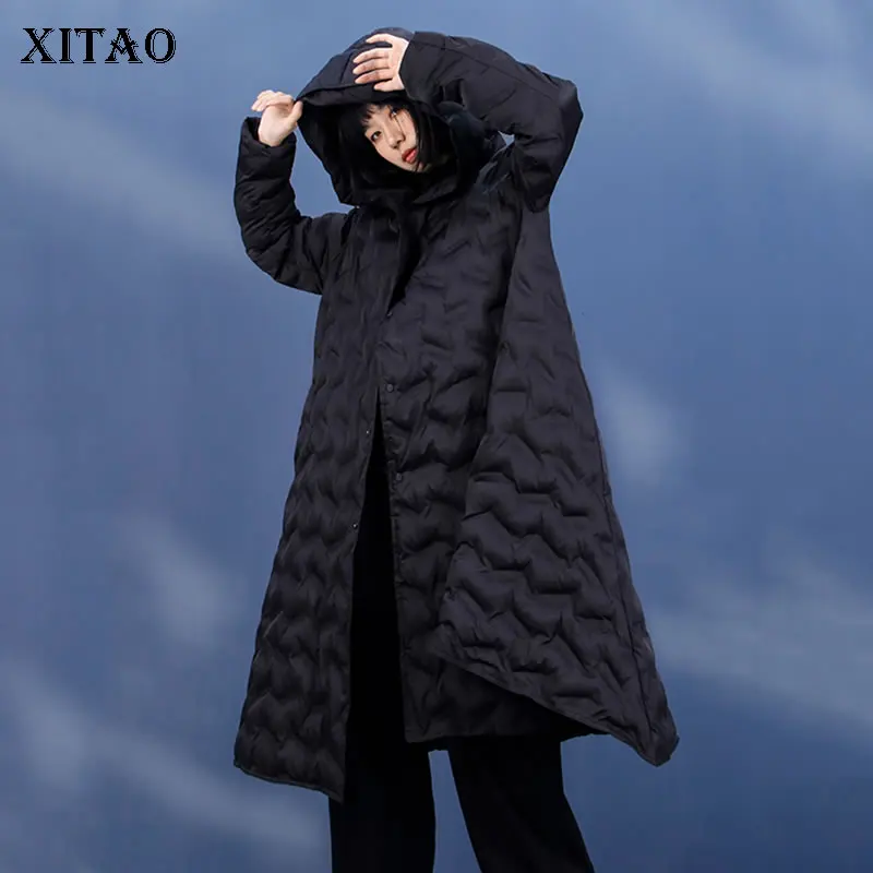 

XITAO Irregular Dig Hem Parka Solid Color Large Size Hooded Collar Winter New Women 2021 Casual Fashion All-match Coat GWJ1062