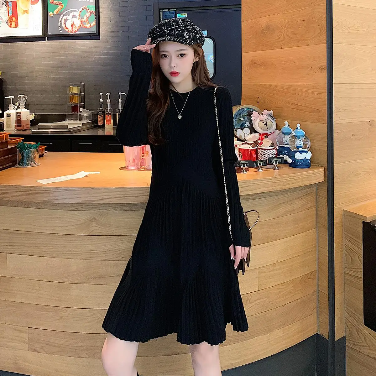 Полосатое Плиссированное мини-платье женское осенне-зимнее свободное