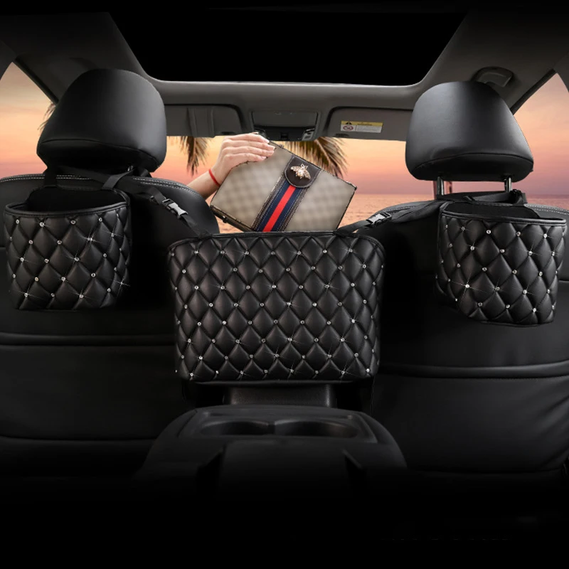 

Car Seat Back Pocket Universal Crystal Handbag Organizer For Lady Large Capacity Bling-Bling Rhinestone Seat Back Net Bag