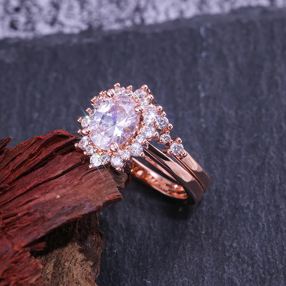 

Huitan New Arrival 2PC Bridal Ring Sets Pretty Sun Flower Shaped Rose Gold Wedding Engagement Rings For Female With Clear Stone