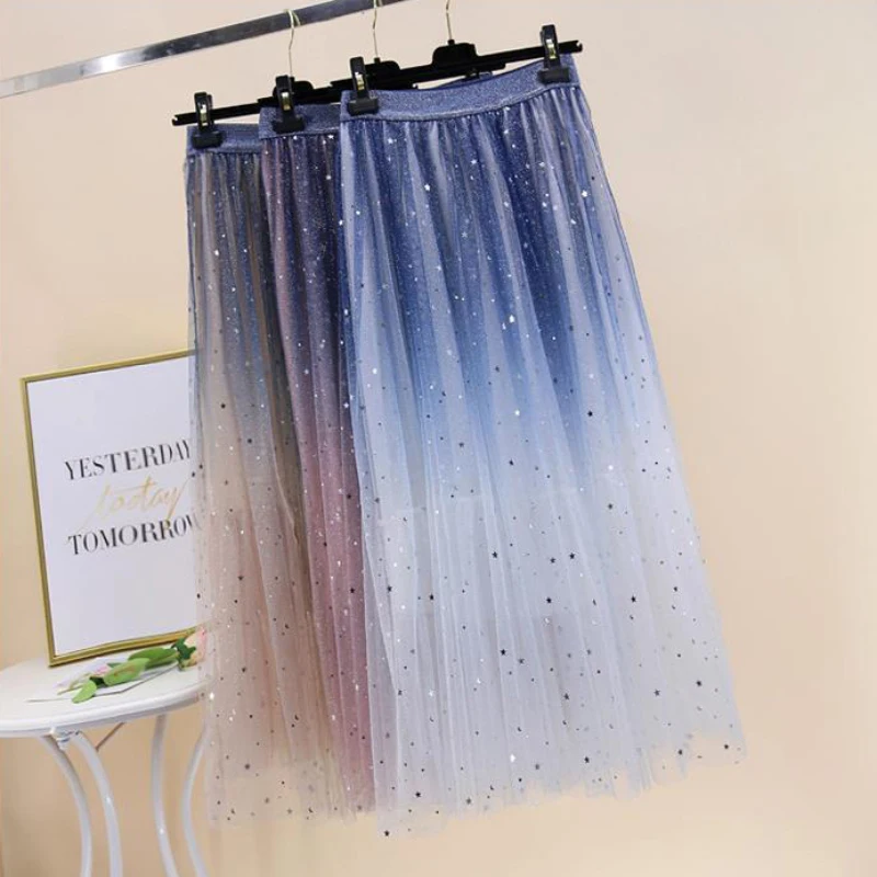 

Zoki Starry Sky Women Tulle Skirt Fashion Korean Sequined Elastic Waist Mesh Midi Skirt Elegant Party Summer Female Faldas