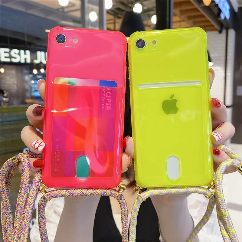 

Neon Fluorescent Card Pocket Case For iPhone 12 SE 2020 11 Pro Max 11 7 8 Plus X XR XS Max Lanyard Cross Rope Clear Phone Cover