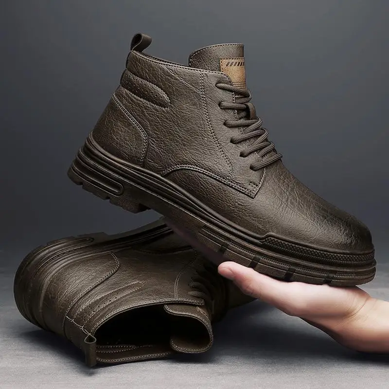 

Men Motorcycle Boots Microfiber Middle Tube Short Tooling Shoes Winter Leather Boots Fang with Solid Color PU Round Shape New