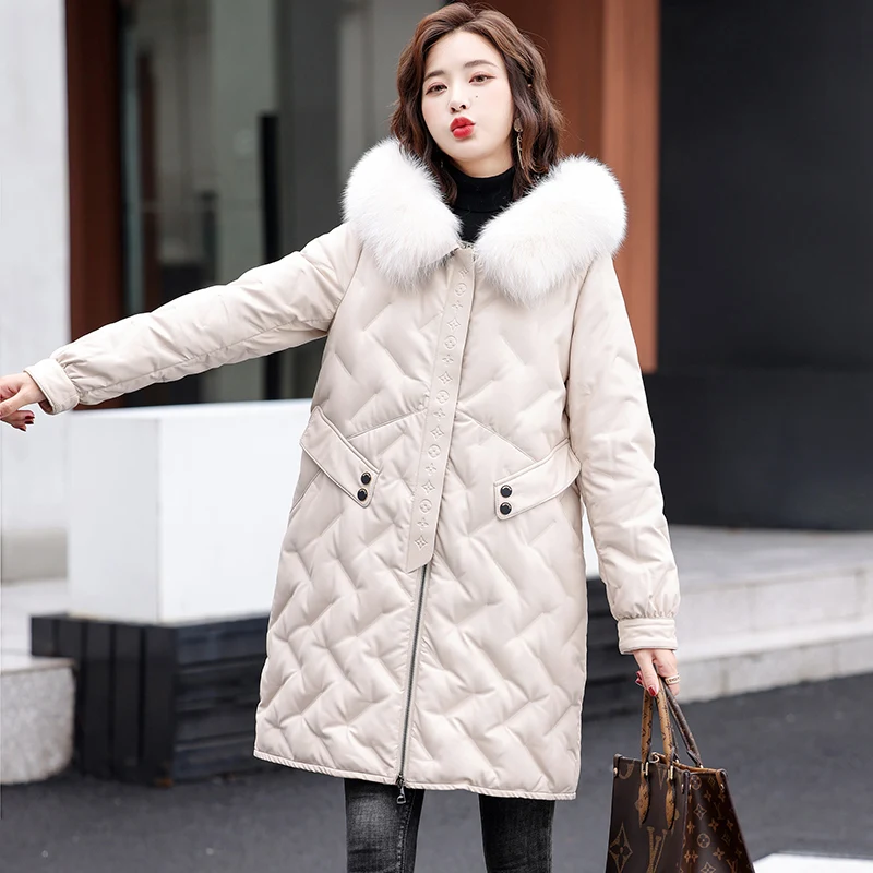 New Women Leather Down Coat Autumn Winter 2022 Fashion Hooded Fox Fur Collar Embossing Loose Thick Warm Sheepskin Down Jacket